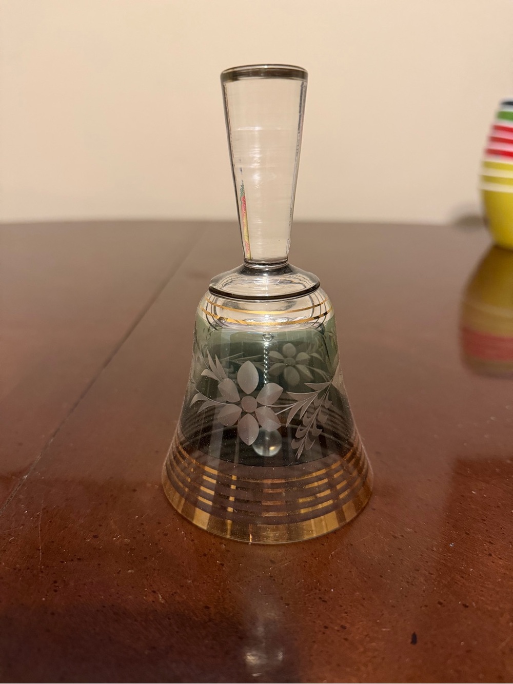 Yugoslavian Clear Glass Decorative Bell with Gold Trim and Etched Floral Design